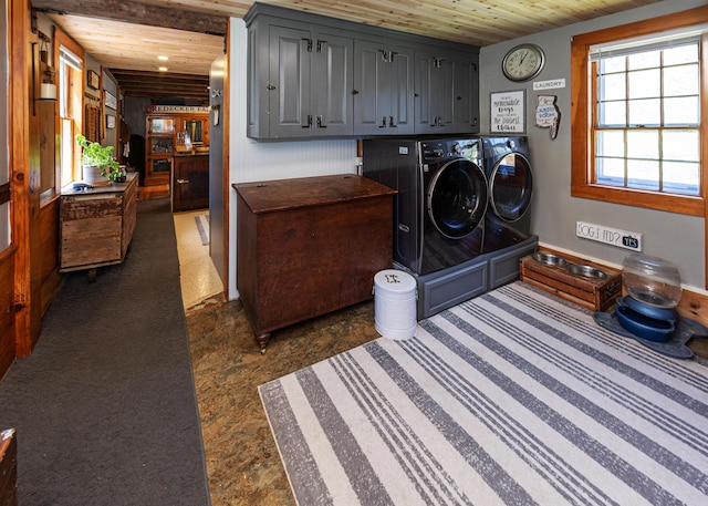 2103 US Highway 1, Sullivan, ME 04664 - laundry room featuring washing machine and clothes dryer, cabinet space, and wood ceiling