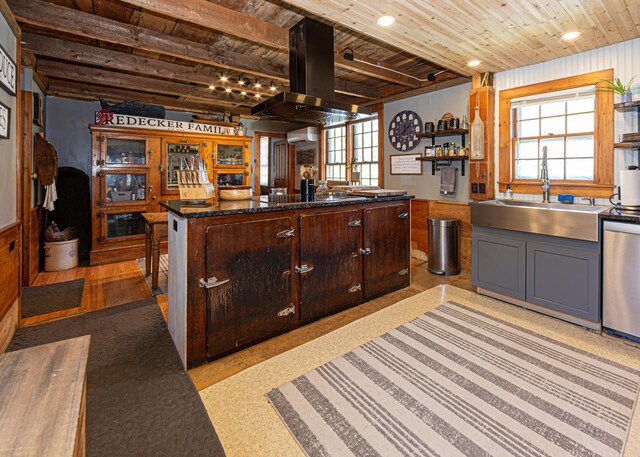 2103 US Highway 1, Sullivan, ME 04664 - kitchen with wooden ceiling, wall chimney exhaust hood, stainless steel dishwasher, a sink, and open shelves