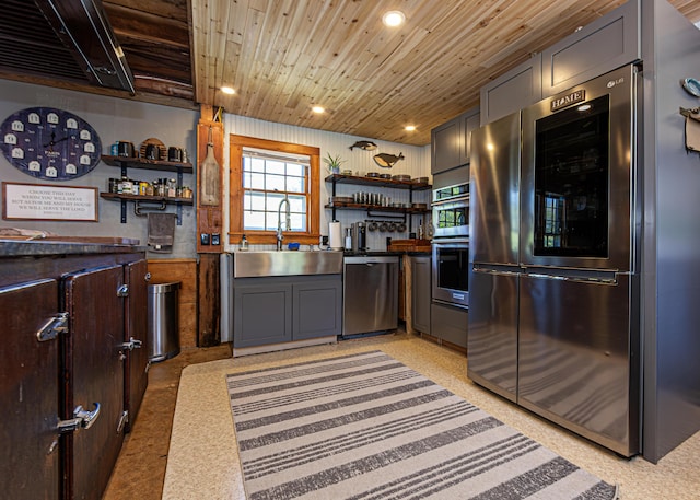 2103 US Highway 1, Sullivan, ME 04664 - kitchen with stainless steel appliances, open shelves, wood ceiling, a sink, and recessed lighting