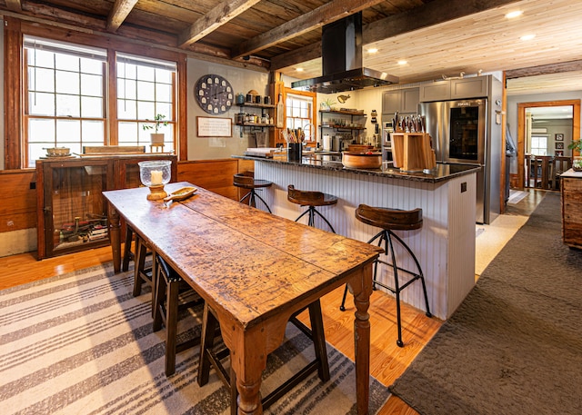 2103 US Highway 1, Sullivan, ME 04664 - dining room featuring wood ceiling with exposed beams, healthy amount of natural light, light wood finished floors, and recessed lighting