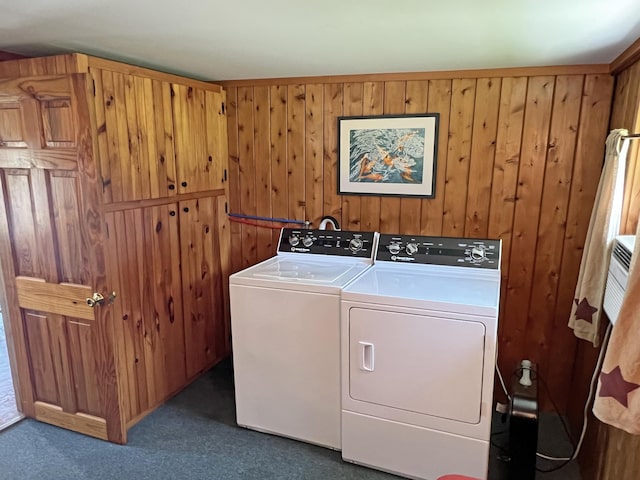 861 W Shore Rd, Otis, ME 04605 - laundry room with independent washer and dryer, wooden walls, and dark carpet