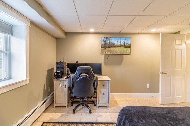 231 Parkway S, Brewer, ME 04412 - home office featuring baseboard heating, a paneled ceiling, light tile patterned floors, recessed lighting, and baseboards