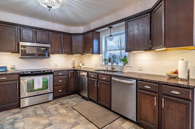 231 Parkway S, Brewer, ME 04412 - kitchen featuring appliances with stainless steel finishes, a sink, dark brown cabinets, and tasteful backsplash