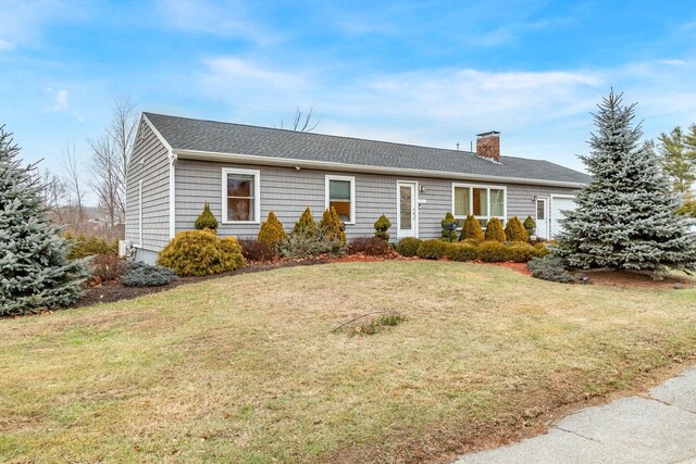 231 Parkway S, Brewer, ME 04412 - ranch-style home with a chimney, a front lawn, and roof with shingles