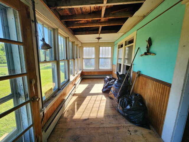 1542 Moosehead Trail Highway, Plymouth, ME 04969 - sunroom featuring wainscoting, a baseboard heating unit, and wooden walls