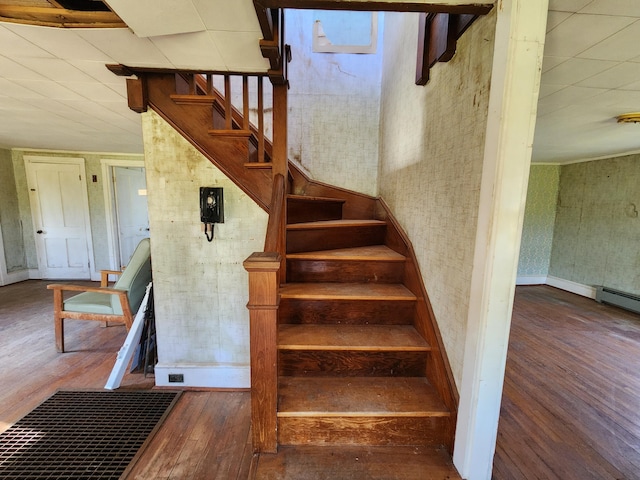 1542 Moosehead Trail Highway, Plymouth, ME 04969 - staircase featuring wood-type flooring, baseboards, and baseboard heating