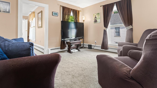151 Birch St Unit A, B, Bangor, ME 04401 - carpeted living room featuring a baseboard radiator and baseboards