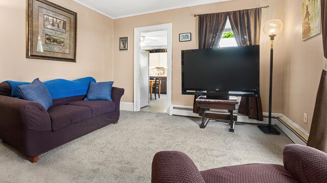151 Birch St Unit A, B, Bangor, ME 04401 - carpeted living room with crown molding, baseboards, and a baseboard radiator