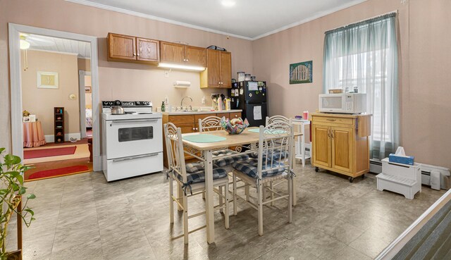 151 Birch St Unit A, B, Bangor, ME 04401 - kitchen with white appliances, crown molding, light countertops, a sink, and brown cabinets