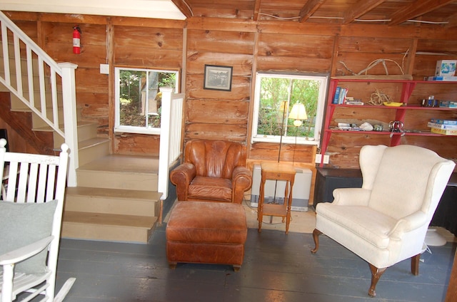 14 Auditorium Park, Northport, ME 04849 - sitting room featuring stairway, wood-type flooring, and wood walls