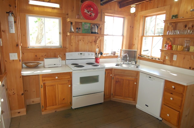 14 Auditorium Park, Northport, ME 04849 - kitchen with white appliances, open shelves, a sink, wood walls, and light countertops