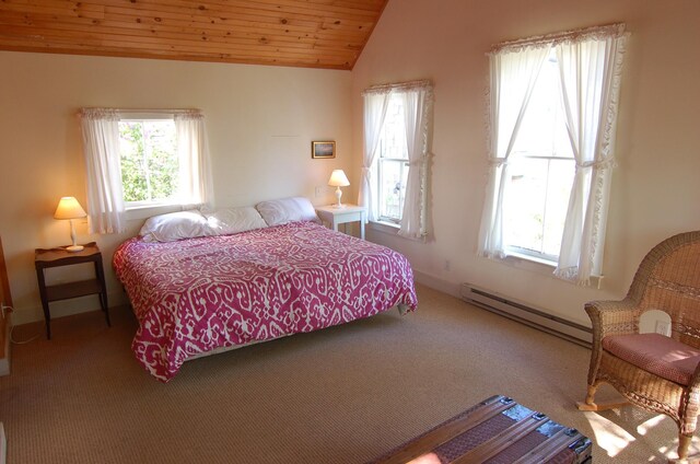 14 Auditorium Park, Northport, ME 04849 - carpeted bedroom featuring a baseboard radiator, wooden ceiling, and lofted ceiling