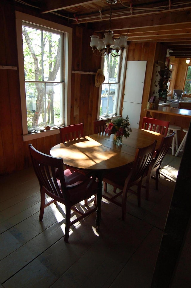 14 Auditorium Park, Northport, ME 04849 - dining area with wooden walls, a chandelier, and hardwood / wood-style floors
