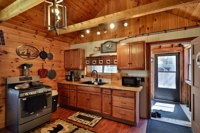 50 Hook Ln, Frenchtown Twp, ME 04441 - kitchen featuring stainless steel gas range, a sink, wood ceiling, wooden walls, and black microwave