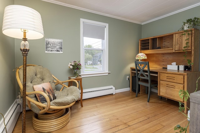 52 Pleasant St, North Berwick, ME 03906 - office area with a baseboard radiator, light wood-type flooring, crown molding, and baseboards