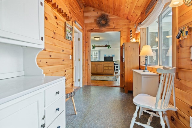 18 Scenic View Dr, Naples, ME 04055 - hallway with vaulted ceiling, wood walls, and wooden ceiling
