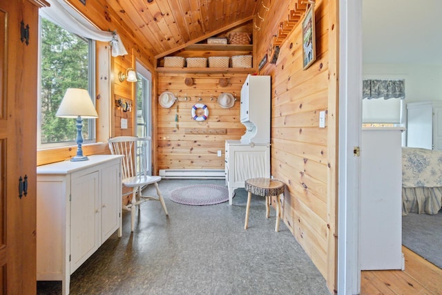 18 Scenic View Dr, Naples, ME 04055 - sitting room featuring baseboard heating, wood walls, lofted ceiling, and wood ceiling