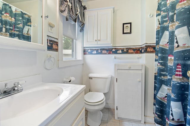18 Scenic View Dr, Naples, ME 04055 - full bathroom with vanity, toilet, tile patterned flooring, and a shower with curtain