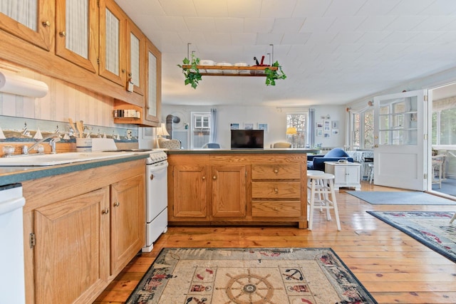 18 Scenic View Dr, Naples, ME 04055 - kitchen with white appliances, light wood finished floors, a peninsula, a sink, and open floor plan