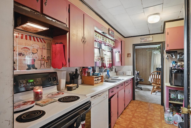 383 Main St, Pittsfield, ME 04967 - kitchen with range with electric cooktop, a sink, white dishwasher, light countertops, and light carpet