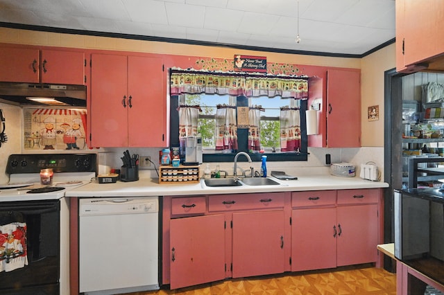 383 Main St, Pittsfield, ME 04967 - kitchen featuring white dishwasher, electric stove, under cabinet range hood, a sink, and red cabinets