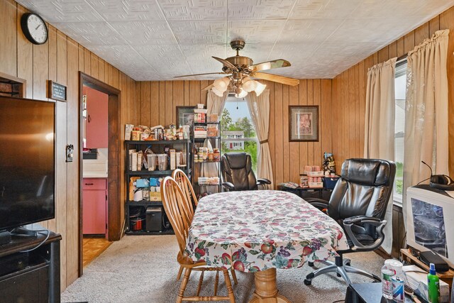 383 Main St, Pittsfield, ME 04967 - office space with carpet, wood walls, ceiling fan, and an ornate ceiling