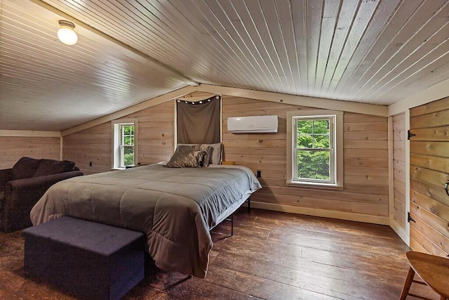 16 Trillium Ests, Rome, ME 04963 - bedroom with a wall unit AC, hardwood / wood-style flooring, wooden walls, wood ceiling, and vaulted ceiling