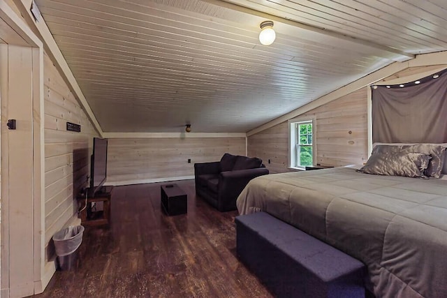 16 Trillium Ests, Rome, ME 04963 - bedroom featuring lofted ceiling, wood-type flooring, wood ceiling, and wood walls