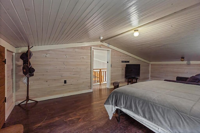 16 Trillium Ests, Rome, ME 04963 - bedroom featuring wood walls, lofted ceiling, wooden ceiling, and wood finished floors