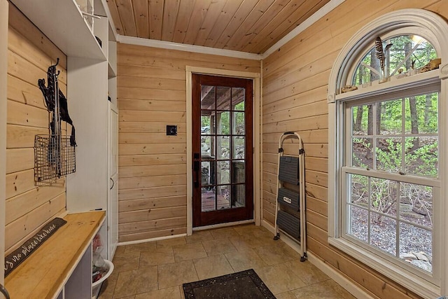 16 Trillium Ests, Rome, ME 04963 - mudroom featuring wooden walls, plenty of natural light, wood ceiling, ornamental molding, and baseboards