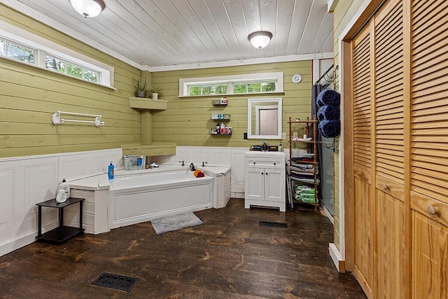 16 Trillium Ests, Rome, ME 04963 - bathroom with a bath, hardwood / wood-style floors, vanity, healthy amount of natural light, and wooden ceiling