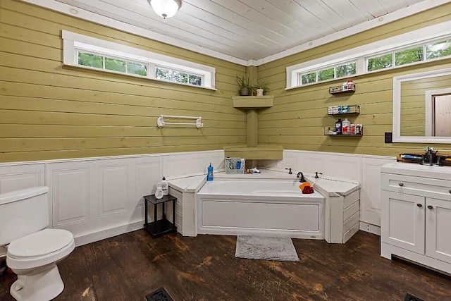 16 Trillium Ests, Rome, ME 04963 - bathroom featuring a bath, wood finished floors, toilet, vanity, and wooden ceiling