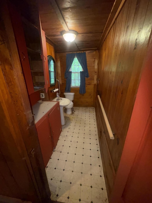 15 Sawyer Ln, Sanford, ME 04083 - full bath featuring tile patterned floors, wood walls, toilet, vanity, and a bidet