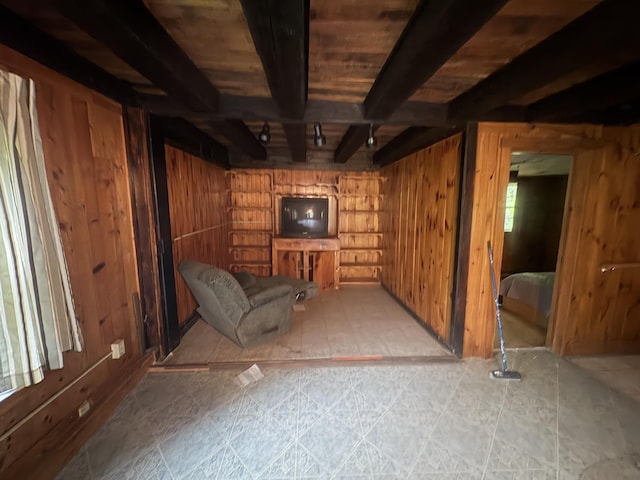 15 Sawyer Ln, Sanford, ME 04083 - unfurnished room featuring wood walls and wood ceiling with exposed beams