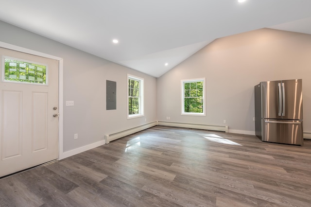 160 Maplewood Dr, Naples, ME 04055 - entryway featuring electric panel, baseboards, recessed lighting, wood finished floors, and lofted ceiling