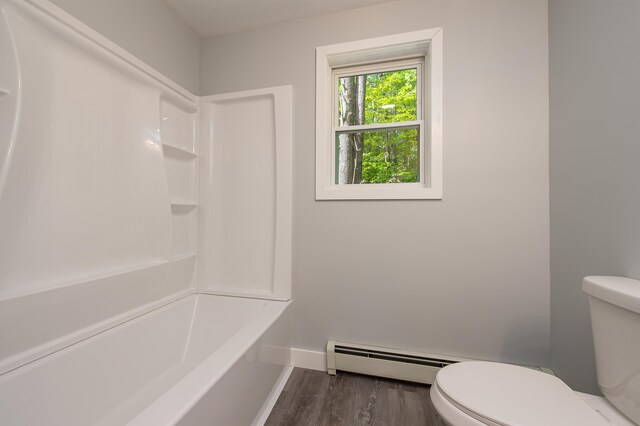 160 Maplewood Dr, Naples, ME 04055 - bathroom with baseboard heating, toilet, wood finished floors, and baseboards