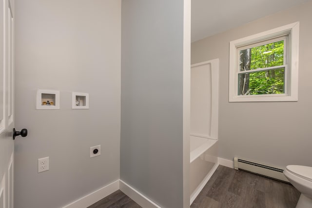 160 Maplewood Dr, Naples, ME 04055 - washroom with electric dryer hookup, dark wood-style floors, hookup for a washing machine, baseboards, and a baseboard heating unit