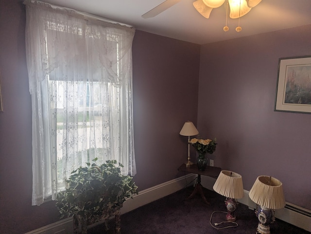 35 Brimmer St, Brewer, ME 04412 - sitting room featuring a ceiling fan, carpet, baseboards, and a baseboard radiator