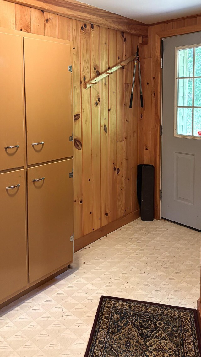 369 Narrow Gauge Trl, Hiram, ME 04041 - mudroom with light floors and wooden walls