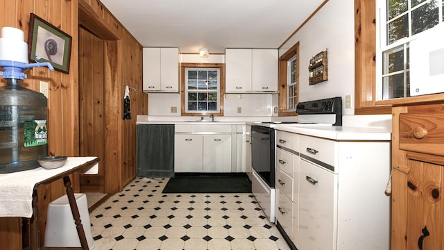 369 Narrow Gauge Trl, Hiram, ME 04041 - kitchen with electric stove, light countertops, light floors, and white cabinets