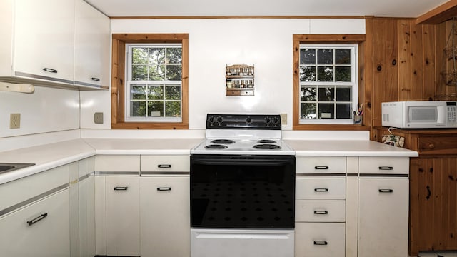 369 Narrow Gauge Trl, Hiram, ME 04041 - kitchen with white microwave, electric range oven, light countertops, and white cabinetry