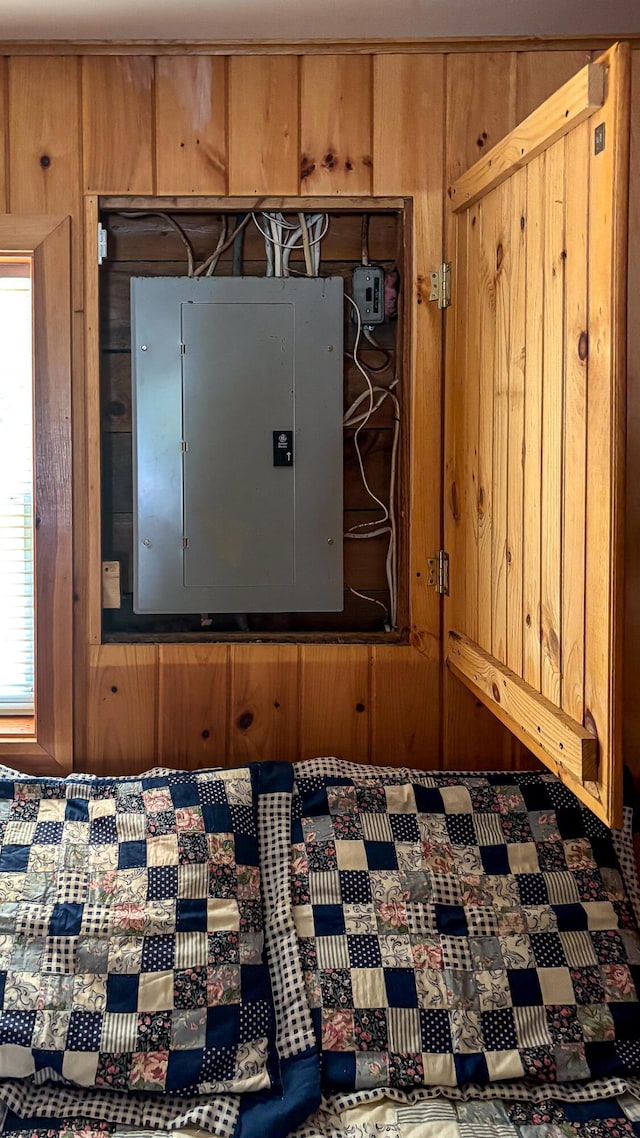 369 Narrow Gauge Trl, Hiram, ME 04041 - bedroom / living area view of electric panel and wooden walls