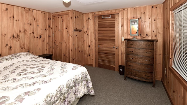 369 Narrow Gauge Trl, Hiram, ME 04041 - bedroom featuring carpet, wood walls, and a ceiling fan