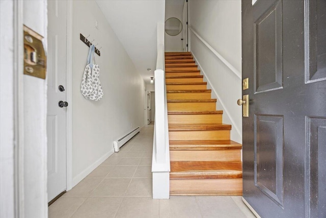 14 Woodside Dr Unit 3, Gorham, ME 04038 - staircase featuring a baseboard heating unit and tile patterned floors
