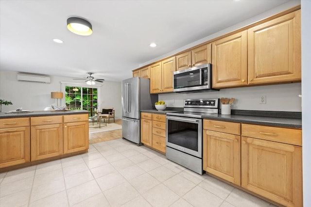 14 Woodside Dr Unit 3, Gorham, ME 04038 - kitchen featuring appliances with stainless steel finishes, a wall mounted AC, dark countertops, ceiling fan, and recessed lighting