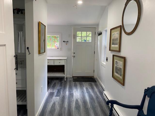 58 Main St, Sangerville, ME 04479 - foyer entrance featuring dark wood-style flooring and baseboards