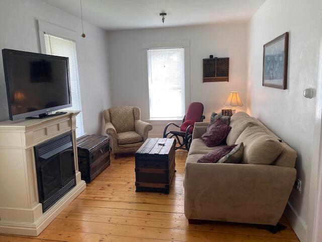 58 Main St, Sangerville, ME 04479 - living room featuring light wood-type flooring and a glass covered fireplace