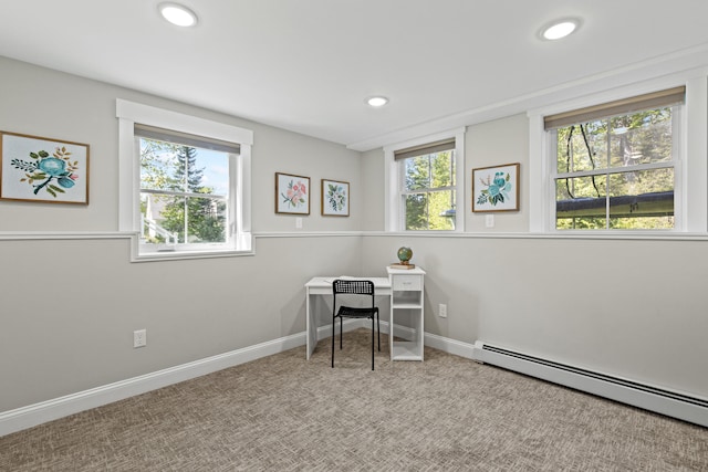 66 Old Dynamite Way, Gorham, ME 04038 - home office with a baseboard radiator, plenty of natural light, recessed lighting, carpet, and baseboards