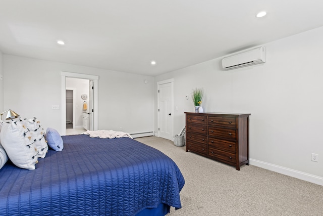66 Old Dynamite Way, Gorham, ME 04038 - bedroom featuring an AC wall unit, a baseboard radiator, recessed lighting, light carpet, and baseboards