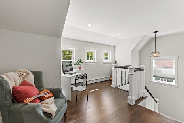 66 Old Dynamite Way, Gorham, ME 04038 - living area featuring an upstairs landing, baseboard heating, dark wood-style floors, baseboards, and lofted ceiling